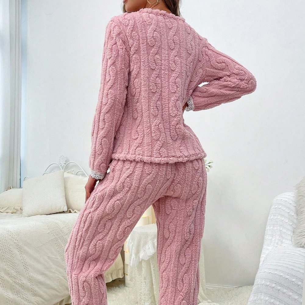 Pink Casual Womens Lace Trim Flannel PJ Set - Picture 2 of 5